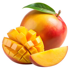 Ripe Orange Mango with Sliced Section Showing Flesh, Isolated on Transparent Background, Ideal for Food and Tropical Designs