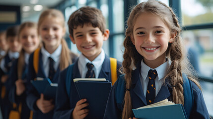 portrait of little students in school uniform