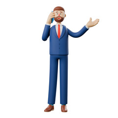 3D illustration of standing happy man talking on the smartphone and gesturing hand. Cute cartoon smiling bearded businessman on the phone call, isolated on white background.