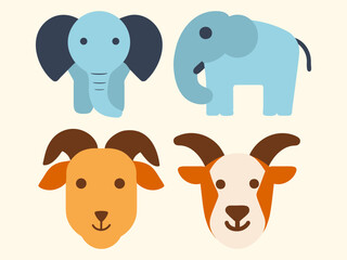 cute cartoon elephant and goat Vector illustration of wild animal icon set flat style design