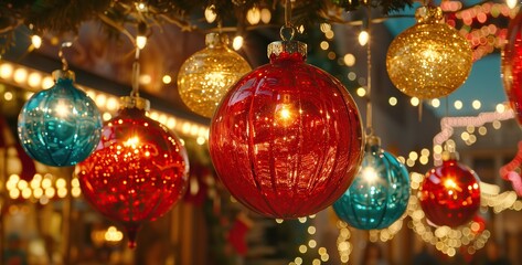 Close-up of colorful Christmas ornaments hanging outdoors