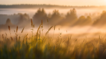 Summer meadow. Foggy morning. Close-up of summer meadow grass.