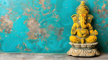 Yellow Ganesha statue against turquoise textured wall copy space background indian celebration traditional