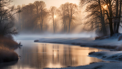 Winter lake landscape at foggy morning.