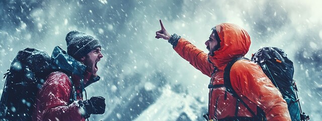 A photo of two mountain climbers facing each other on top, one pointing to the sky and shouting in anger, while holding climbing equipment, with heavy snow falling around them