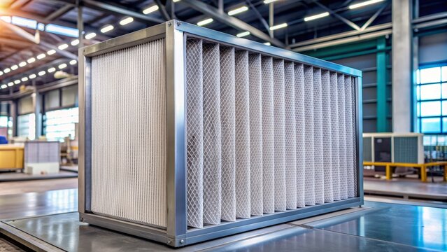 Medium-angle shot of a large, commercial air filter unit with a metallic frame and replaceable cartridge, set against a blurred industrial background.