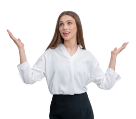 Businesswoman in white blouse raising her hands in a questioning gesture, isolated on a white background. Concept of uncertainty