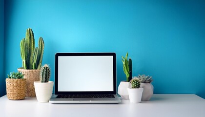 多肉植物とサボテンとノートパソコンと青い壁（Blue wall with succulents and cacti and laptop）
