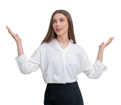 Businesswoman in white blouse raising her hands in a questioning gesture, isolated on a white background. Concept of uncertainty