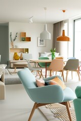 Scandinavian Style Living Room with Modern Furniture and Accent Colors