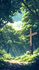Cross Forest Chapel Christianity Religion Spiritual Symbol - Generative AI