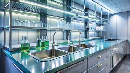 Modern laboratory sink with stainless steel fixtures, surrounded by empty beakers, test tubes, and opened cabinets, under bright fluorescent lighting in a sterile environment.