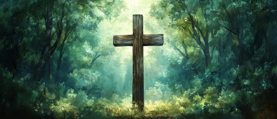 Fototapeta premium Cross Forest Chapel Christianity Religion Spiritual Symbol - Generative AI