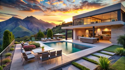 Fototapeta premium Modern luxury home with spacious backyard, sparkling swimming pool, and outdoor kitchen, surrounded by lush greenery and stunning mountain views at sunset.
