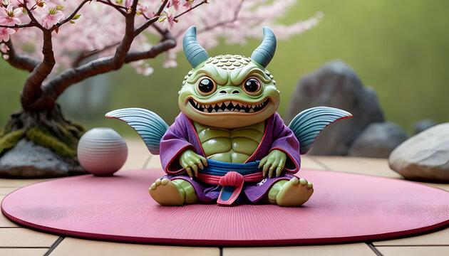 A whimsical green creature with horns and wings, dressed in a purple kimono, sitting on a pink mat. The background features cherry blossom trees and smooth stones, creating a serene atmosphere.