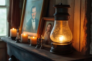 Antique Oil Lamp and Framed Portraits on a Mantelpiece