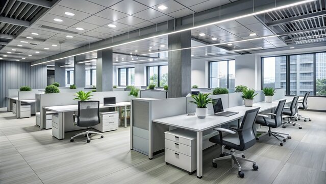 Modern office interior with rows of private cubicles, grey desks, and ergonomic chairs under fluorescent lighting, surrounded by white walls and floor-to-ceiling windows.