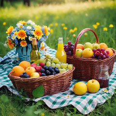 Picnic on a meadow with a basket od fruits and flowers 