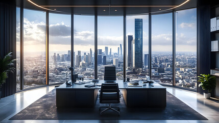 Modern office with cityscape view.
