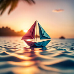 Paper boat at sunset