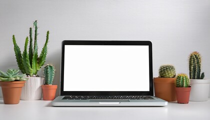 Fototapeta premium 多肉植物とサボテンとノートパソコンと白い壁（White wall with succulents and cactus and laptop） 
