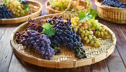 Close-up of a red grapes in a woven basket