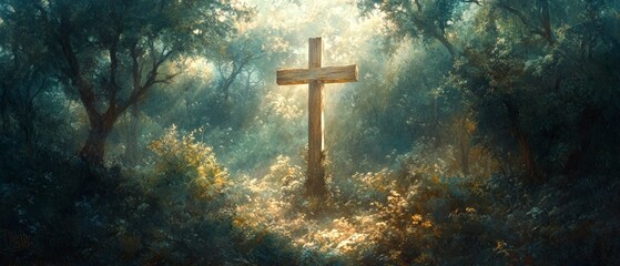 Fototapeta premium Cross Forest Chapel Christianity Religion Spiritual Symbol - Generative AI