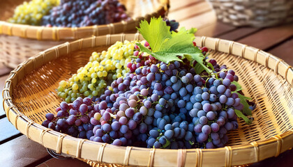 Close-up of a red grapes in a woven basket
