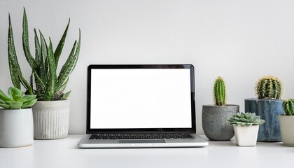 多肉植物とサボテンとノートパソコンと白い壁（White wall with succulents and cactus and laptop）
