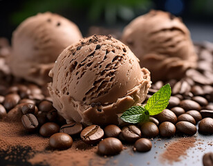 Close-up of a coffee ice cream with coffee beans.