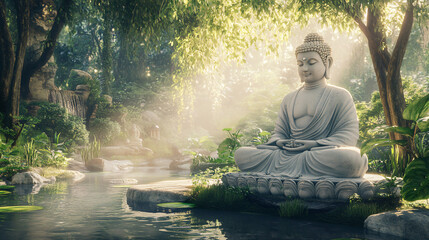 Buddha Statue in a Tranquil Garden.