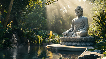 Buddha Statue in a Tropical Garden.