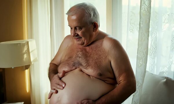Overweight Elderly Man Touching Large Belly: Health Concerns in Later Life