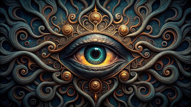 Ominous evil eye symbol with swirling spirals and piercing gaze, set against a dark mysterious background, conveying a sense of malevolent mysticism and ancient curse.