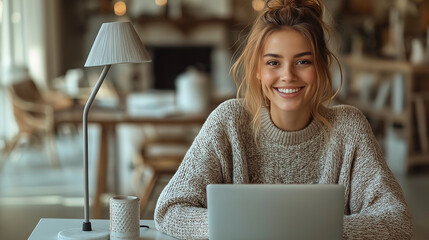 A telephoto angle photo of a smiling freelancer in a casual sweater, working on her laptop at a minimalist dining table with Scandinavian design elements like a sleek lamp and clea