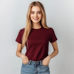 portrait of a woman with maroon color t-shirt on white color background 