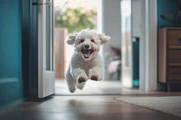 Happy Dog Running Through Doorway.