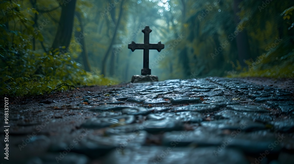 Poster serene cross at the end of a cobblestone path in a tranquil forest landscape