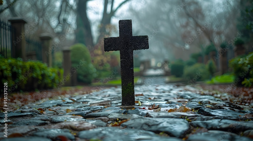 Poster weathered cross at the end of a cobblestone path inviting a moment of contemplation and serenity