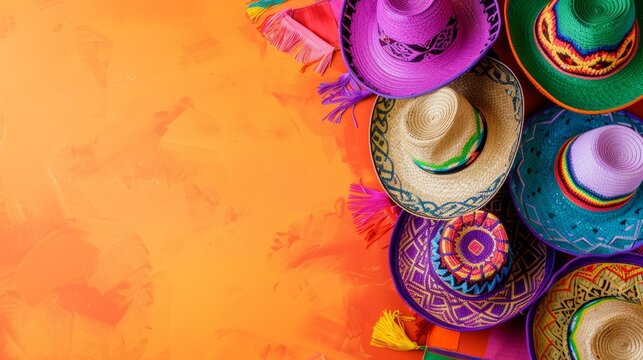 Topi warna-warni berada di atas meja dengan latar belakang pink dan oren. Cinco de mayo dengan ornamen topi 
