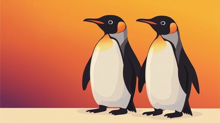 Obraz premium Penguins standing together with a gradient orange sunset background.