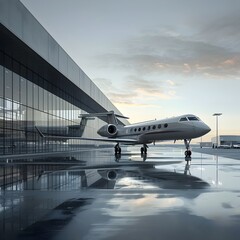Sleek Business Jet Landing at Modern Airport with Reflection and Cloudy Sunset