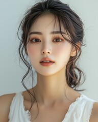 A beautiful Korean woman with clean, clear skin on a white background
