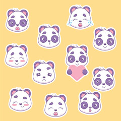 Obraz premium A large set of stickers of funny panda faces with different emotions in kawaii style. Vector illustration