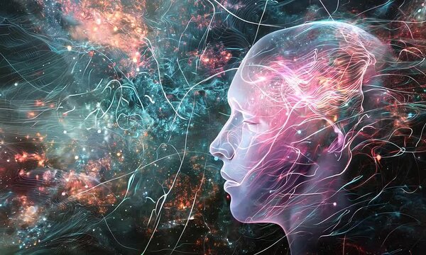 Cosmic Consciousness: A surreal and evocative portrait of a human head, rendered in ethereal hues and ethereal lines, against a backdrop of swirling galaxies. 