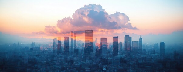 Cloud study in an urban setting close up, focus on, copy space dynamic city colors, Double exposure silhouette with cityscape