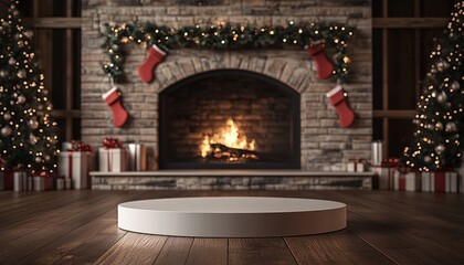 Christmas Circle Podium with Fireplace and Stockings Background Christmas