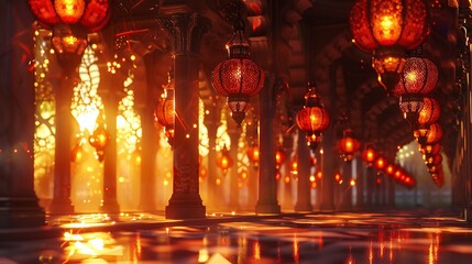 Obraz premium Arabic lanterns cast a warm glow against a mosque backdrop during Ramadan Kareem.