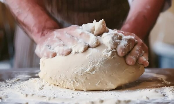 The Artisan's Touch: Baker's weathered hands gently shape sourdough bread, flour dusting the air, in this close-up celebrating culinary craftsmanship. 