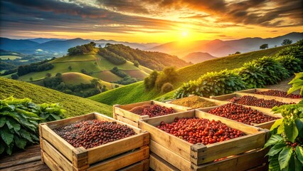 Rustic wooden crates overflowing with freshly harvested coffee beans sit amidst lush green fields and rolling hills of a sunrise-kissed farm landscape.